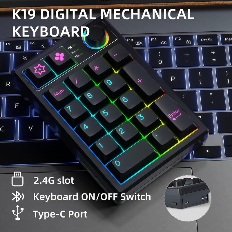 KEYCOOL K19 Wireless Numeric Keyboard, Mechanical Number Keypad Hot-swappable Bluetooth Numpad 5.0/2.4GHz, RGB Multi-Function Knob Numerical Keyboard for Laptop Mac Win iOS Android - Image 2